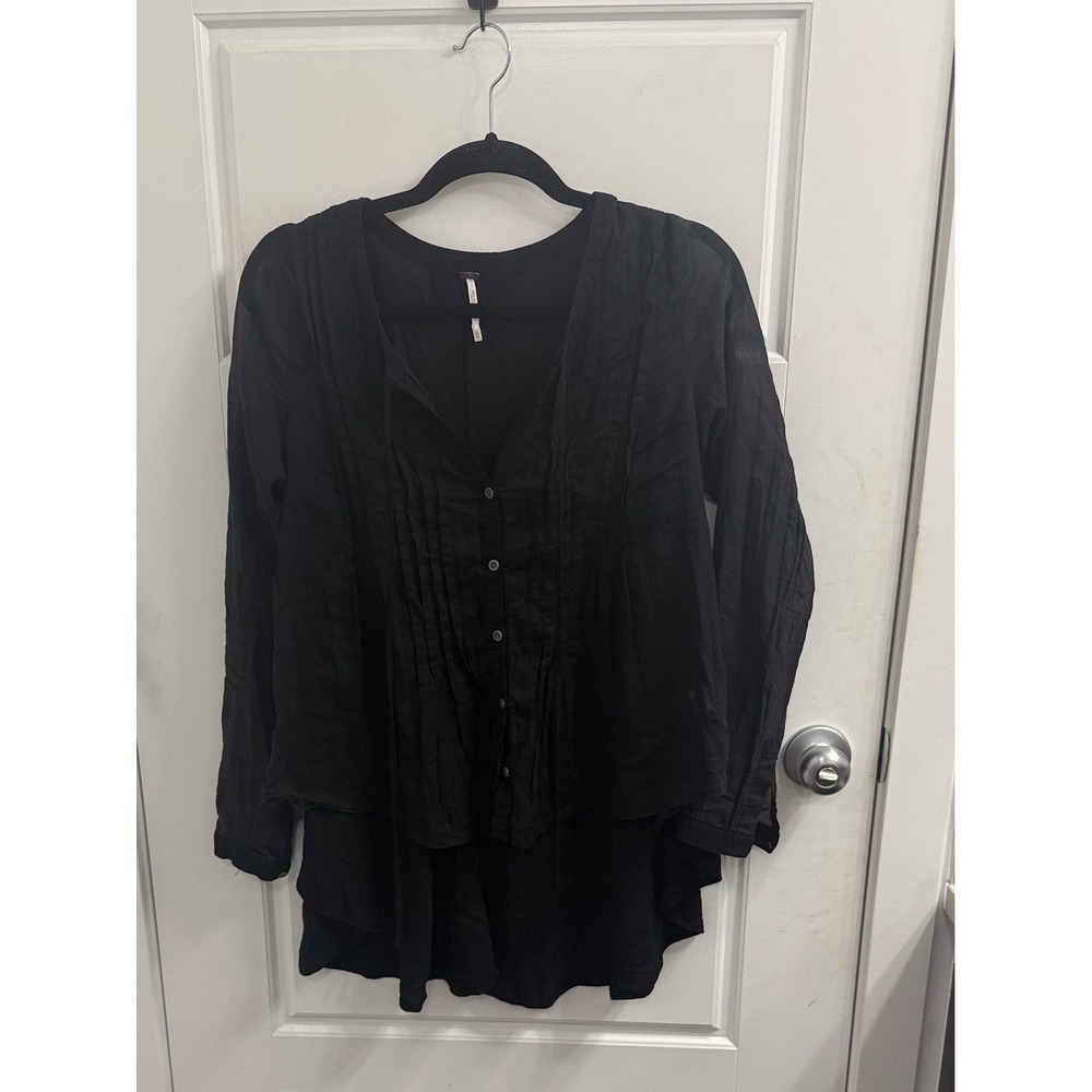 Free People Black Pintuck Pleated High Low Layered Long‎ Sleeve Blouse Womens XS